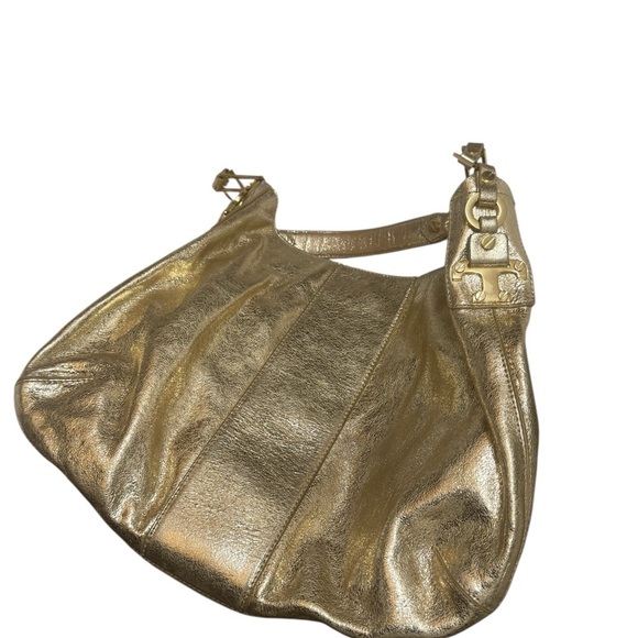 Tory Burch mint newer condition cracked leather Metallic Gold Shoulder Bag - Picture 2 of 13